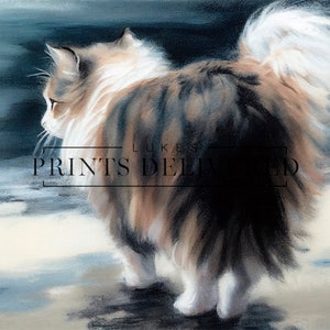 Fluffy Cat Painting Art Print - Cute Pet Portrait Wall Artwork - Semi ...