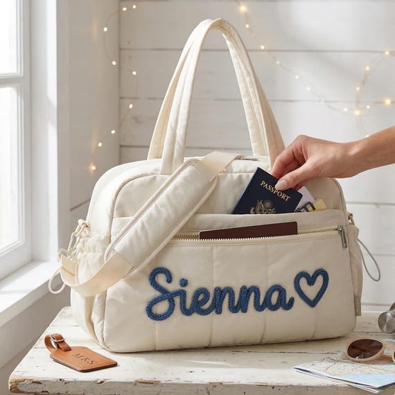 Custom Quilted Travel Tote, Personalized Carry On Duffle Bag, Embroidered Overnight Bag