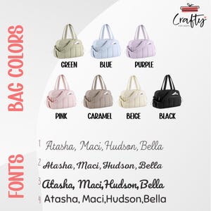 Puede incluir: Imagen que muestra bolsos de mano en varios colores: verde, azul, morado, rosa, caramelo, beige y negro. La imagen tambi&eacute;n muestra cuatro opciones de fuente para texto personalizado, con nombres como Atasha, Maci, Hudson y Bella. El logotipo de la marca es visible.