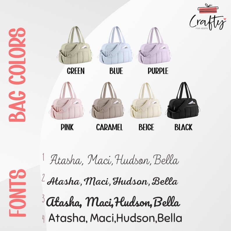 Puede incluir: Imagen que muestra bolsos de mano en varios colores: verde, azul, morado, rosa, caramelo, beige y negro. La imagen tambi&eacute;n muestra cuatro opciones de fuente para texto personalizado, con nombres como Atasha, Maci, Hudson y Bella. El logotipo de la marca es visible.