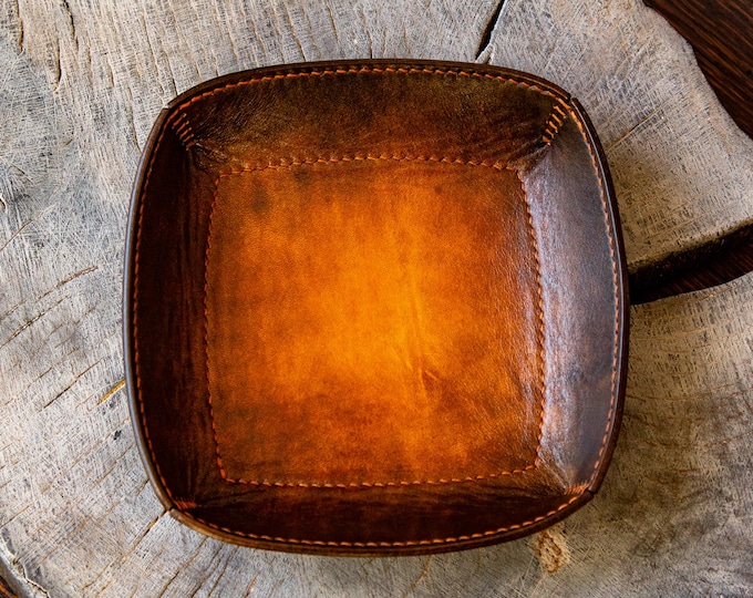 Handmade Leather Valet Tray: Full Grain Veg Tan Desk Organizer