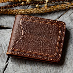 Cartera elegante de piel de plena flor / Cartera compacta plegable de piel curtida vegetal / Tarjetero delgado de piel