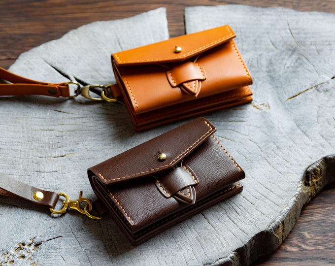 Small Leather Keychain Wallet with Coin Pocket and Wrist Strap