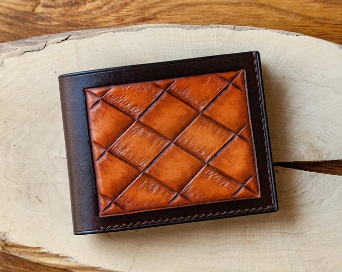 Veg Tan Leather Bifold Wallet: Embossed and Carved Card Holder