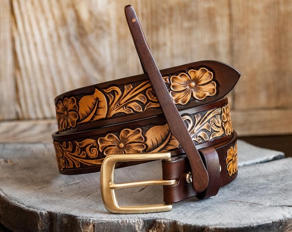 Women’s hand carved floral cowhide full grain leather belt Western Floral Genuine Leather Tooled Belt for Men Women  main image 3