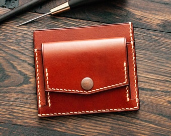 Handgemaakte slanke leren bruine leren portemonnee: kaarthouder met muntzakje aan de voorkant