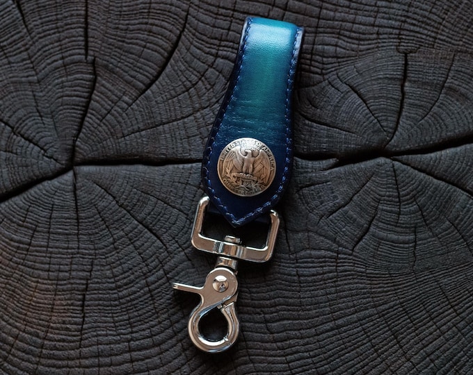 Blue Veg Tan Leather Belt Key Holder: Full Grain Key Fob
