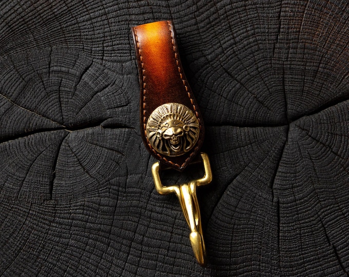 Veg Tan Leather Belt Key Holder, Solid Brass Clip and Clasp