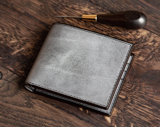 Veg Tan Leather Bifold Wallet: Grey to Black Color Change