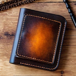 Cartera de cuero con monedero frontal / Tarjetero de cuero de plena flor / Cartera plegable compacta de cuero curtido vegetal de alta calidad