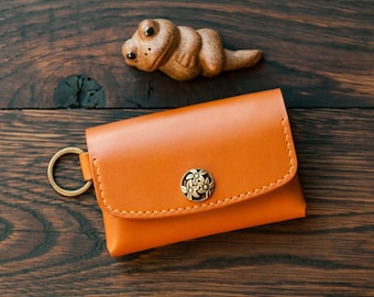 Handmade Veg Tan Leather Keychain Wallet: Brown-Caramel Mini Card Holder