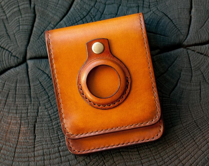 Customizable Full Grain Leather Wallet with AirTag Pocket: External Card Slot, Brass Clasps