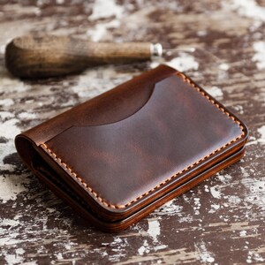 Minimalist Leder Geldbörse Kartenhalter | Braune Lederbrieftasche für 6 Karten | Kompakte Gemüse gegerbte Geldbörse | Schlanke Leder Geldbörse