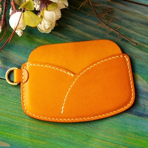 Cartera de cuero genuino con llavero / Cartera delgada de cuero para tarjetas / Cartera con llavero / Cartera minimalista de curtido vegetal