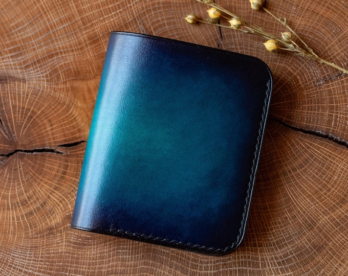 Hand Dyed Blue Full Grain Leather Bifold Wallet