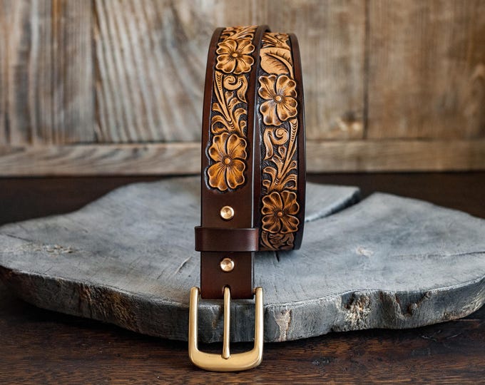 Hand Tooled Western Design Veg Tanned Leather Belt: Sheridan Style, Solid Brass Buckle