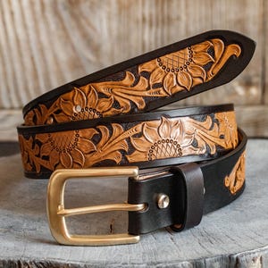 Hand Carved And Tooled Western Leather Belt | Sheridan Style Veg Tanned Leather Belt With Solid Brass Buckle Included | Floral Leather Belt