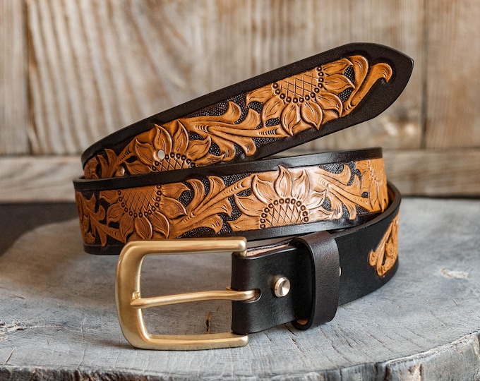 Hand Tooled Western Leather Belt: Sheridan Style Floral Design, Solid Brass Buckle