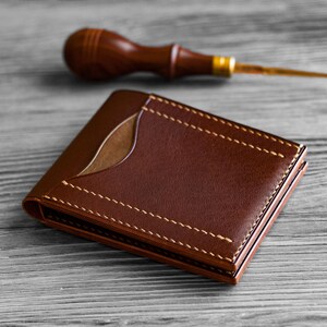 Leren portemonnee met externe kaartsleuven | Volnerf lederen portemonnee kaarthouder | Bruine portemonnee voor 10 kaarten | Kleine vegan gelooide leren portemonnee