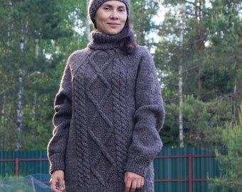 Suéter de lana pesada UNISEX - suéter de pescador de cuello alto de lana 100% orgánica, suéter grueso suelto y cálido, jersey Aran, hipoalergénico, personalizado