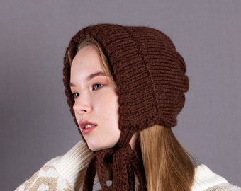 Women's elegant adult bonnet. Wool. Brown chocolate color