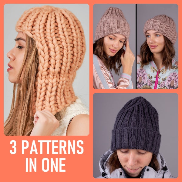 3 patterns in 1. Balaclava made of merino wool pattern, Tacori and beanie hat 2 in 1 pattern, Unisex beanie hat with a diagonal ornament