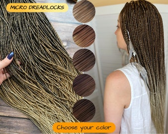 Dark brown to light brown to blonde double ended thin smooth long synthetic micro dreadlocks, DE dreads extensions, 20-22 inches