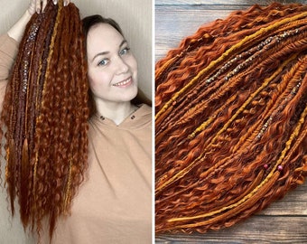 Copper ginger bohemian textured SE or De dreadlocks and SE or DE braids with curls, Clip in dreads, wavy dreadlocks extensions 21-22 inches