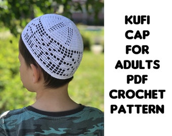 May include: White crochet kufi cap for adults. PDF crochet pattern.