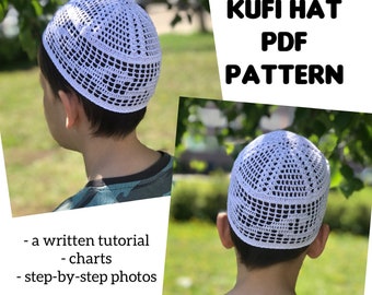 May include: A white crocheted Kuf Hat with a detailed pattern. The PDF pattern includes a written tutorial, charts, and step-by-step photos.