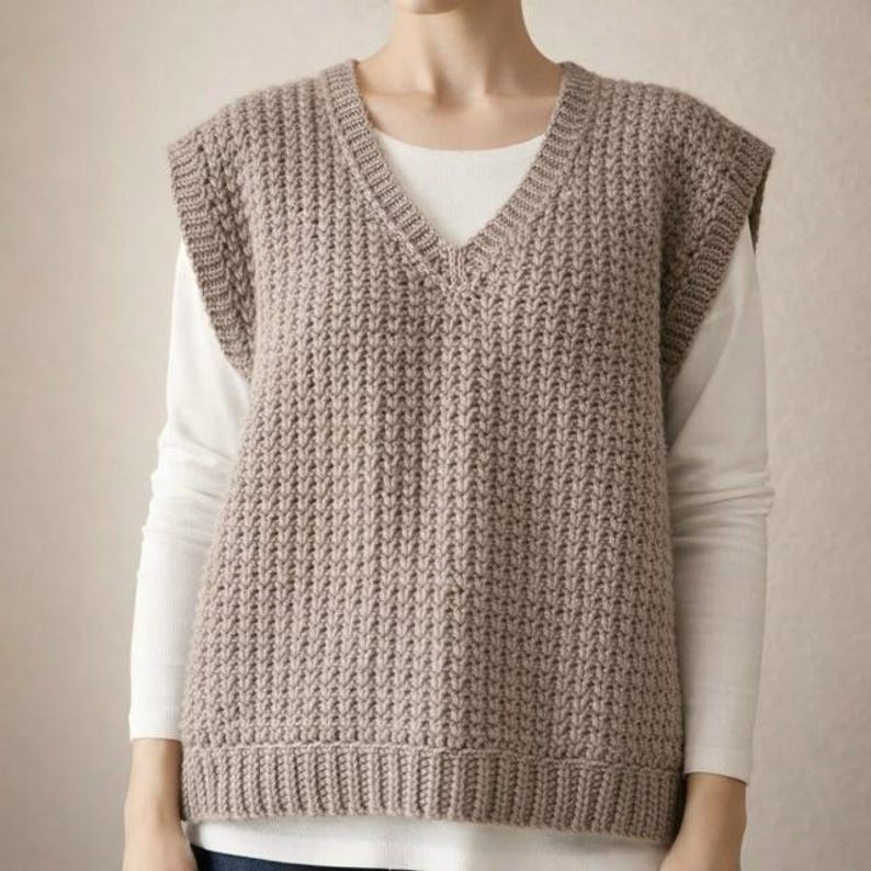 May include: A beige, sleeveless, V-neck sweater vest. The knitted vest has a ribbed texture and a thick, cozy appearance. The garment is worn over a white long-sleeved shirt. The overall style is casual and comfortable.