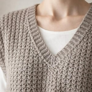 May include: A close-up of a beige, knitted V-neck sweater. The sweater has a textured pattern and a ribbed neckline. A white shirt is visible underneath the sweater. The sweater is made of a soft, comfortable material.