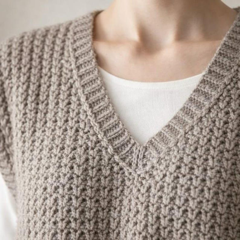 May include: A close-up of a beige, knitted V-neck sweater. The sweater has a textured pattern and a ribbed neckline. A white shirt is visible underneath the sweater. The sweater is made of a soft, comfortable material.