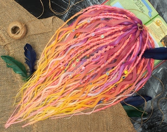 Synthetic Dreadlocks, textured dreads, curly hair, ombre pink to yellow, de dreads, bohemian set of textured d.e dreads, 20-22 inches