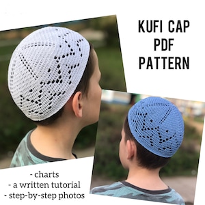 May include: A PDF pattern for crocheting a Kufia cap. The pattern includes charts, a written tutorial, and step-by-step photos. The image shows two children wearing white and blue Kufia caps.