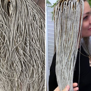May include: A close-up of a bundle of light gray synthetic dreadlocks. The dreadlocks are long and straight, with a subtle shimmer.