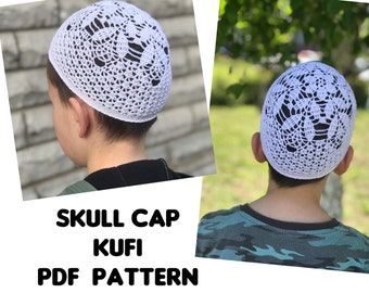 May include: White crocheted skull cap with a lacy pattern. The cap is worn by a child. The image includes the text "SKULL CAP KUF PDF PATTERN".