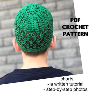 May include: PDF crochet pattern for a green crocheted hat. The pattern includes charts, a written tutorial, and step-by-step photos.