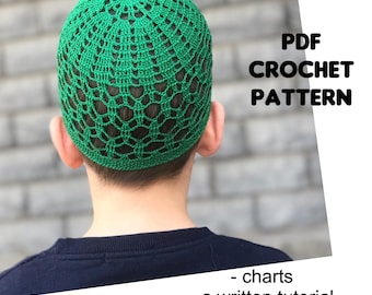May include: PDF crochet pattern for a green crocheted hat. The pattern includes charts, a written tutorial, and step-by-step photos.