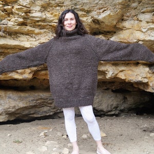Oversized turtleneck sweater hand knitted from heavy gray wool; unisex fisherman sweater.