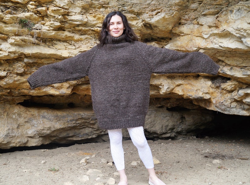 Oversized turtleneck sweater hand knitted from heavy gray wool; unisex fisherman sweater.