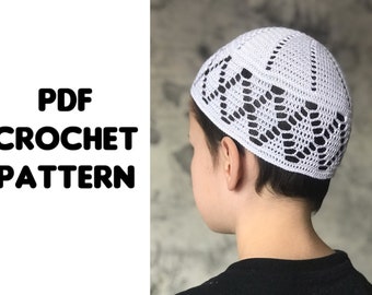 May include: White crochet hat with a geometric pattern. PDF crochet pattern.