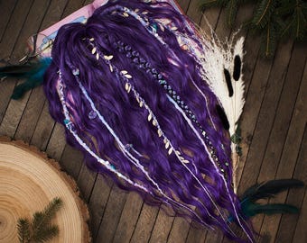 Synthetic Dreadlocks, curly and textured dreads, purple ombre wave hair, de dreads, bohemian set of textured d.e. dreadlocks, 20-22 inches