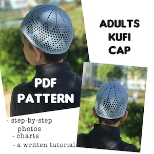 Può includere: Uno schema a uncinetto per un berretto Kuf per adulti. Lo schema include foto passo passo, grafici e un tutorial scritto. Il berretto è di colore azzurro chiaro e ha un design a uncinetto.