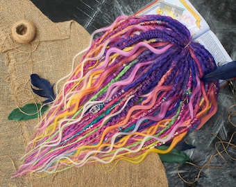 Synthetic Dreadlocks, textured dreads, curly, ombre purple to magenta, rainbow, de dreads, bohemian set of textured d.e dreads, 20-22 inches