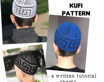 May include: PDF pattern for crocheting a KufI hat. The pattern includes a written tutorial, charts, and step-by-step photos. The image shows three different color variations of the hat: white, blue, and black.