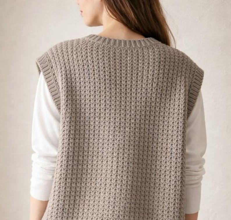 May include: A neutral-toned, knitted vest with a textured pattern. The sleeveless garment has a crew neck and a ribbed hem. The vest is worn over a white long-sleeved shirt. The overall style is casual and comfortable.