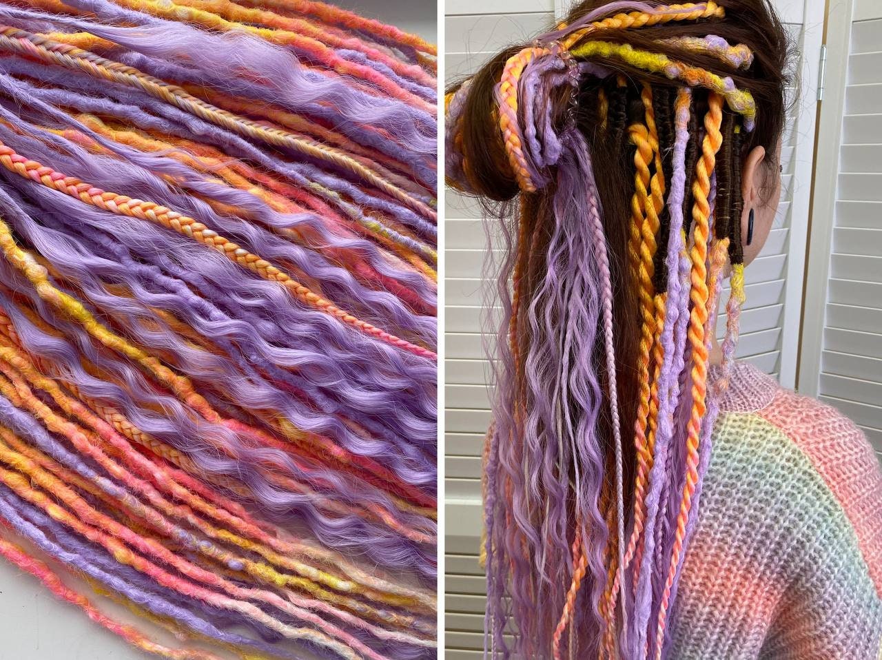 Lavender orange pink synthetic textured DE or SE dreadlocks, unicorn crochet wavy dreads, 20-22 inches bohemian dreadlocks curls extension