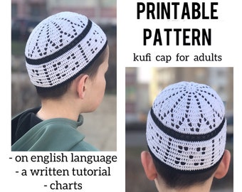 May include: A printable PDF pattern for crocheting a white kufi cap with a black trim. The pattern includes instructions in English, charts, and photos.