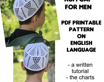 以下が含まれることがあります： 幾何学模様の白いクロシェのクフィキャップ。PDF印刷可能なパターンには、書かれたチュートリアル、チャート、写真が含まれています。 KUFI CAP FOR MEN. PDF PRINTABLE PATTERN ON ENGLISH LANGUAGE.